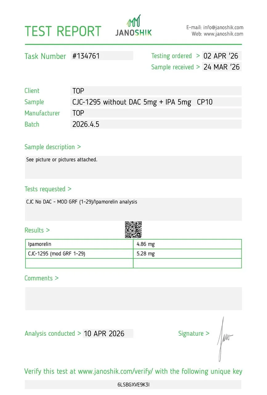 CJC-1295 + Ipamorelin Blend Certificate of Analysis from Janoshik, batch 2026.4.5
