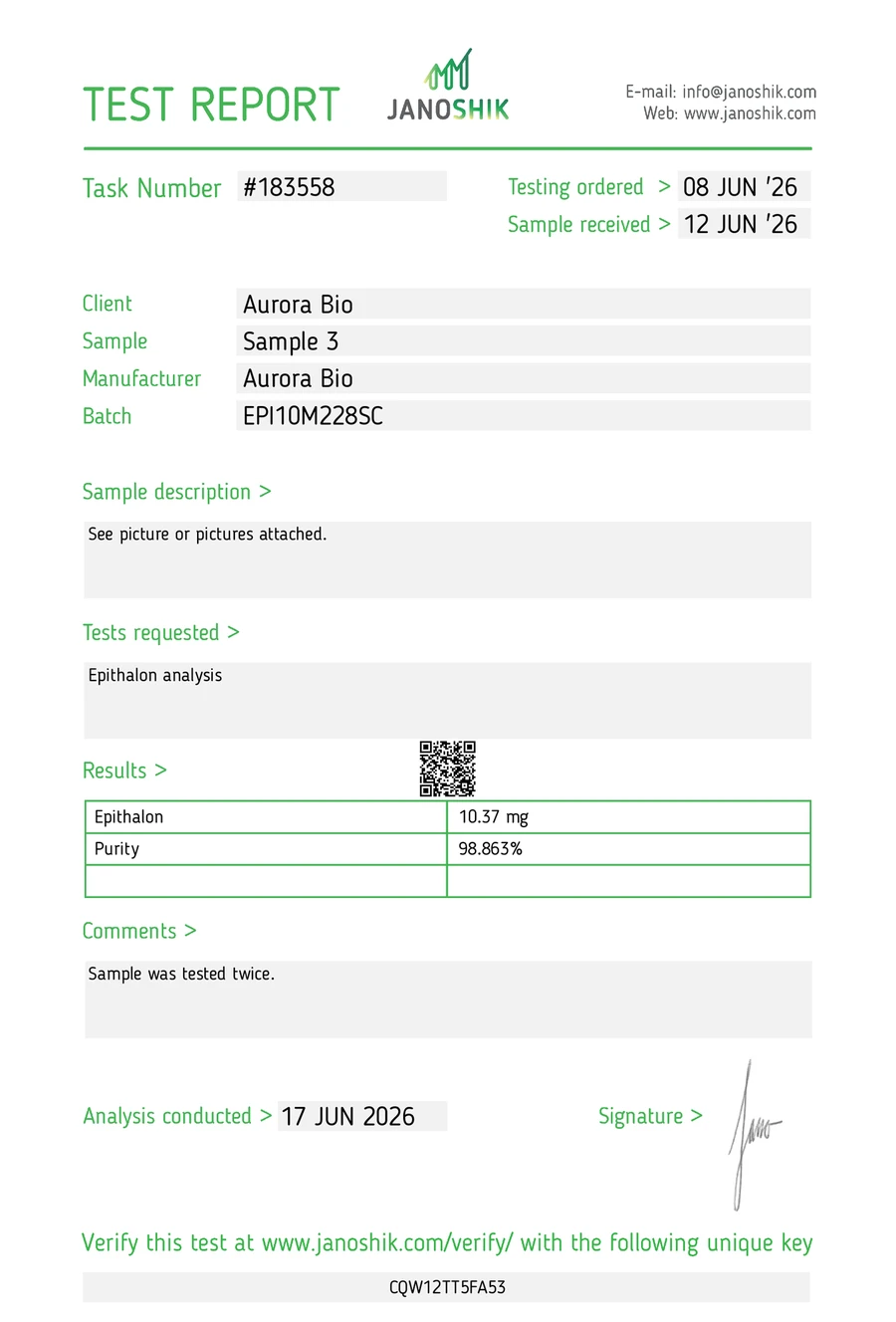 Epitalon Certificate of Analysis from Janoshik, batch EPI10M228SC