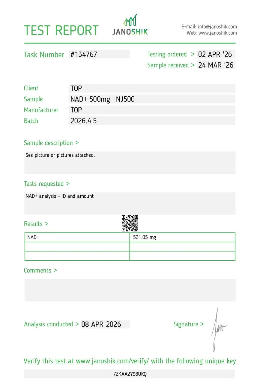 NAD+ Certificate of Analysis from Janoshik, batch 2026.4.5