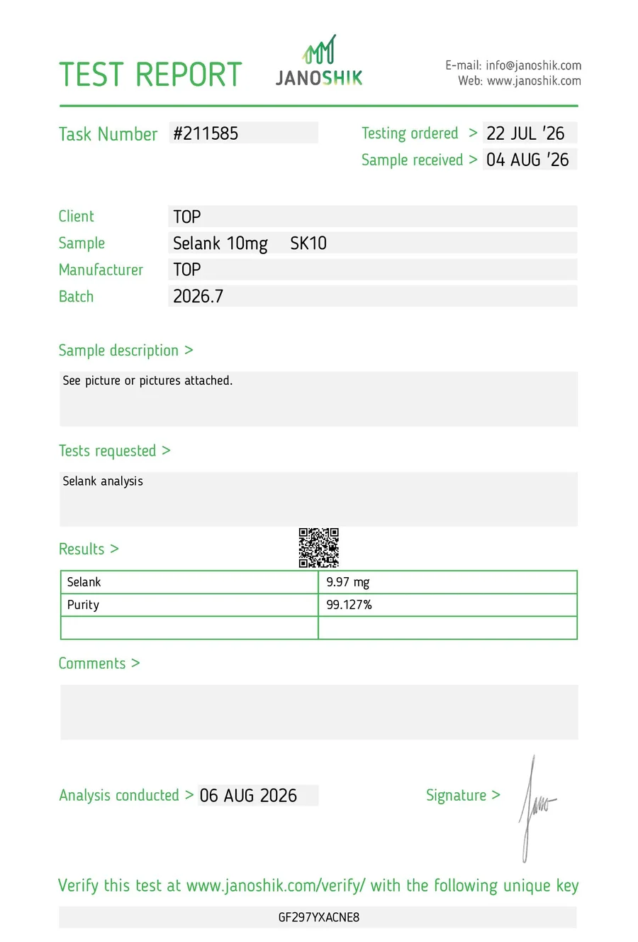 Selank Certificate of Analysis from Janoshik, batch 2026.7