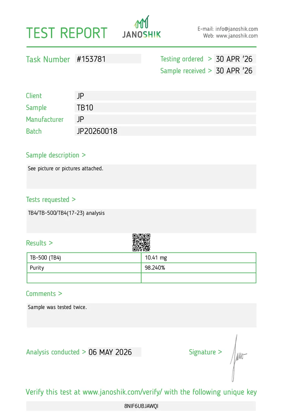 TB-500 Certificate of Analysis from Janoshik, batch JP20260018