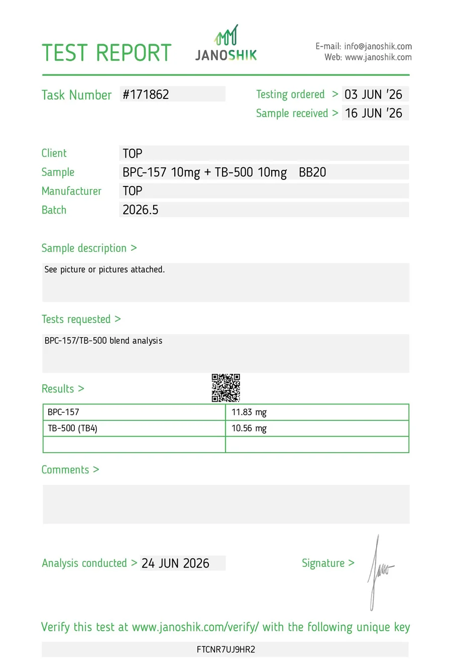 TB-500 + BPC-157 Blend Certificate of Analysis from Janoshik, batch 2026.5
