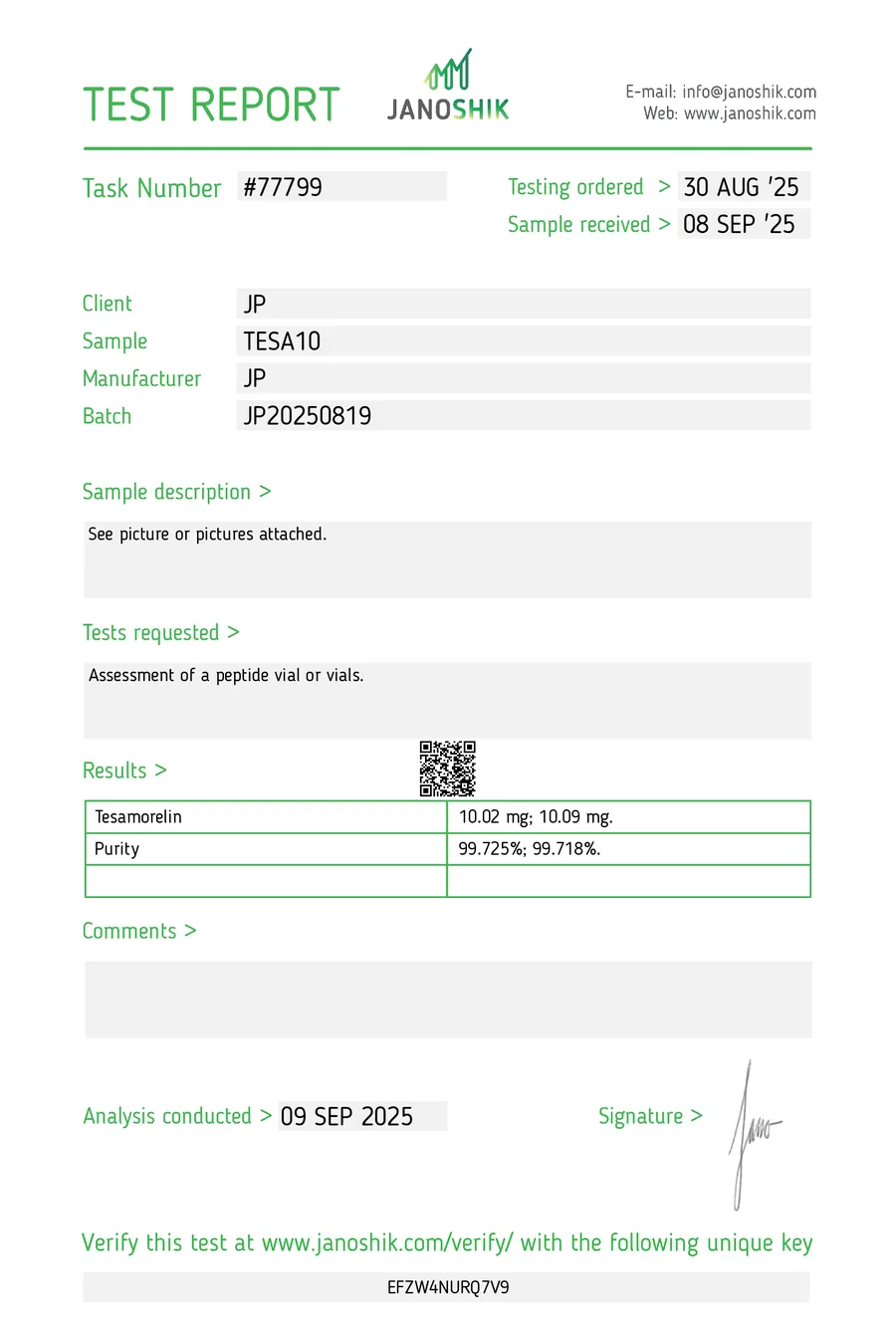 Tesamorelin Certificate of Analysis from Janoshik, batch JP20250819