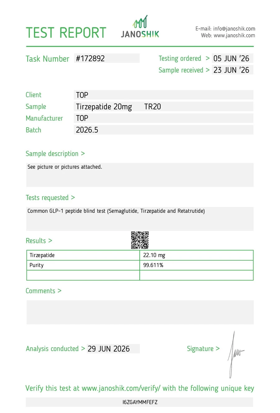Tirzepatide 20mg Certificate of Analysis from Janoshik, batch 2026.5